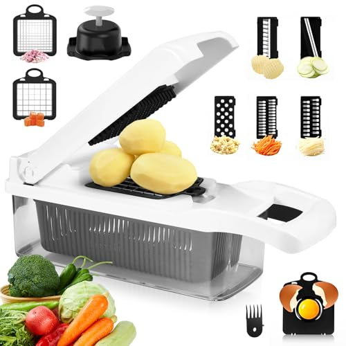 Vegetable Chopper, 15 in 1 Mandoline Vegetable Slicer Multifunctional, Veg Slicer with Lid, Potato Spiral Cutter Onion Chopper Yolk Separator Peeler with Cleaning Brush for Cutting Vegetables Fruit