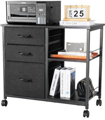 VEVOR Armoire de Bureau avec 3 Tiroirs en Tissu et 2 Étagères Ouvertes, Meuble Classeur Métallique Mobile, Caisson de Bureau pour Format Lettre, A4 et Dossiers, Rangement Classement Maison, Noir