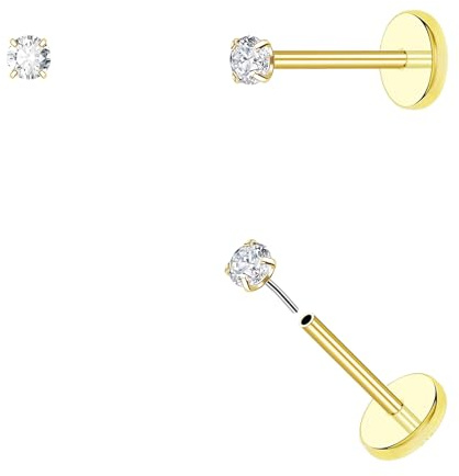 20G Titan Piercing Ohr Ohrringe Gold Silber Gewindeloses Flatback Hypoallergene Medizinische Ohrstecker für Damen Herren Klein Nasenpiercing Stecker Helix Tragus Medusa Labret Piercing (Gold-2mm)