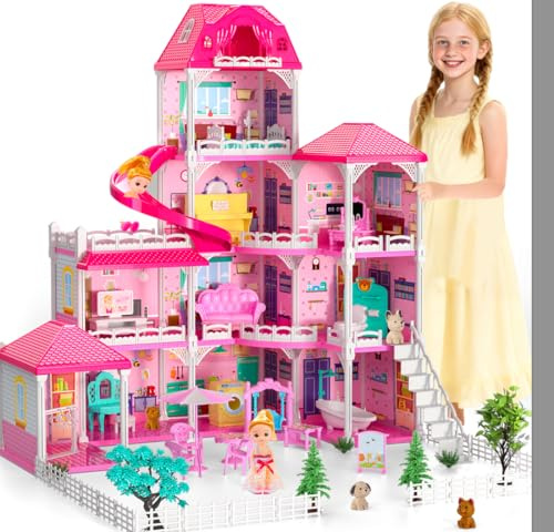 Doloowee Casa de muñecas, 4 historias, 10 habitaciones, casa de muñecas con 2 accesorios de diapositivas princesas, juguetes para niñas de 3, 4 y 5 años
