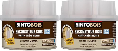 SINTO Reconstitue bois charges lourdes, 550g/30g, Chêne moyen, Bi-composant, Volet porte charnière, Sec 20 min, Résiste poids chocs, Ponçable vissable, Intérieur extérieur (Lot de 2)