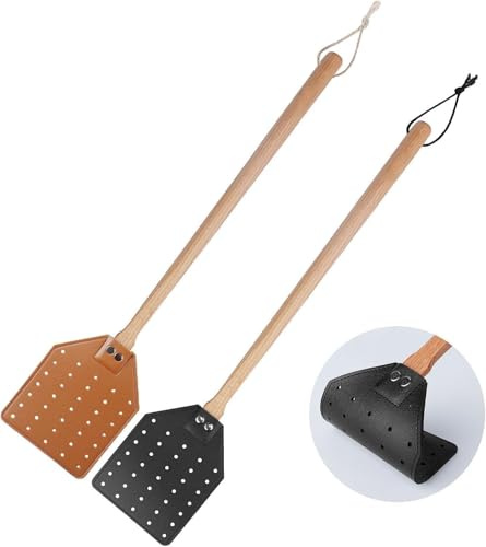 2 Stück Fliegenklatsche Leder Fliegenklatsche Stabil mit langem Holzstiel Insektenvernichter für Indoor Outdoor Fliegentöter Mückenklatsche Mückenvernichter Fliegenfänger für Drinnen Draußen (A)
