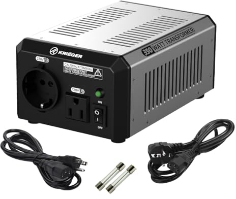 Krieger 350W Transformador 220v a 110v, 350 Vatios de Potencia Máxima, Convierte Voltaje de 220-240 Voltios a 110-120V y viceversa, Transformador con Núcleo Toroidal Aprobado por Met bajo UL y CSA