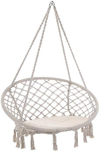 DETEXŽ Hängesessel 150kg Belastbarkeit Wetterfest Makramee Outdoor Indoor Hängeschaukel Hängestuhl Hängesitz Schaukel Nestschaukel Ř60cm Creme