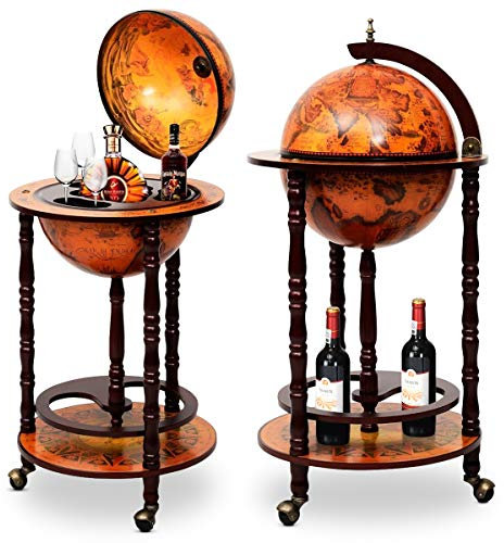 DREAMADE Globus Bar Barwagen, Weinregal auf Rollen, Minibar Globus Hausbar, Servierwagen mit Klassischem Design, Tischbar Cocktailbar Barschrank Globusbar (Braun)