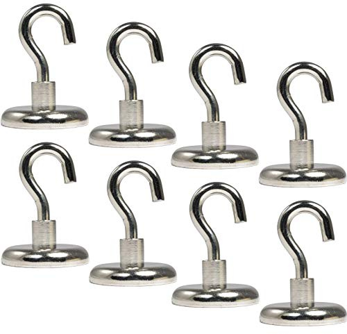 [8 Stück] Magnethaken - Neodym Magnet Haken - 36mm - 45 KG extra Stark -Topfmagnet mit Gewinde M6 - Magnethalter mit Haken zum aufhängen - Runde Flachgreifer