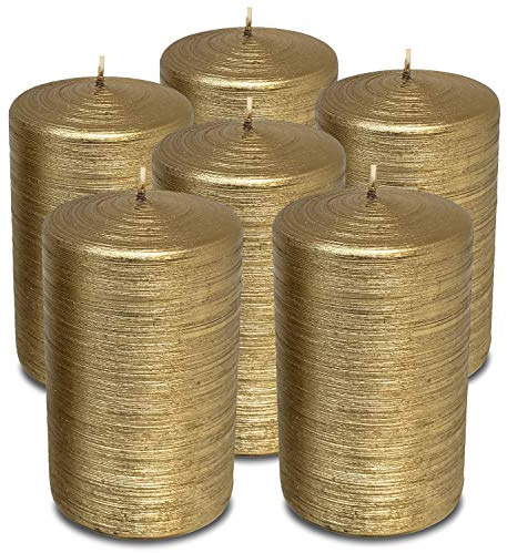 Hyoola Gebürstetes Metallic Stumpenkerzen - Antikgold 6er-Pack - Dekorative Groß Hergestellt in EU - Lange Brenndauer - 6 cm x 10 cm