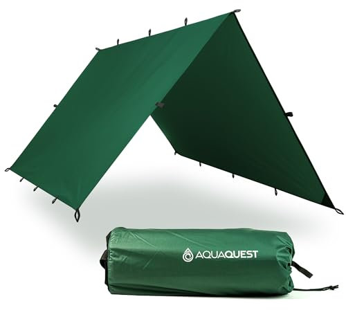 AquaQuest Defender wasserdichte Campingplane - robuster Zeltunterstand oder Regenschutz - Wandern, Bushcraft und Hängematte, 3 x 2 m Grün