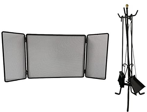Set Camino in Ferro Battuto Nero con Parascintille 3 Ante 100x45 cm e Kit Attrezzi 58 cm Attizzatoio Pinza Scopino Paletta