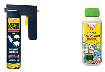 Zero In ZER558 600 ml Ultra Power Household Pest Killer, Blue & ZER024 Home Flea Powder (Treatment for Carpets and Rugs in the Home, Kills Fleas and Larvae, 300 g, Green