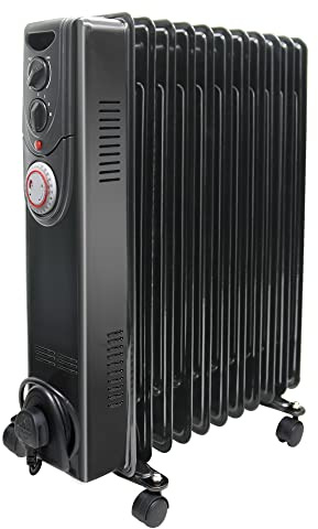 NRG Oil Filled Radiator 11 Fins Portable Electric Heater 2.5KW Black, Timer | with Timer Adjustable Thermostat Safety Cut-Off Energy Efficiency