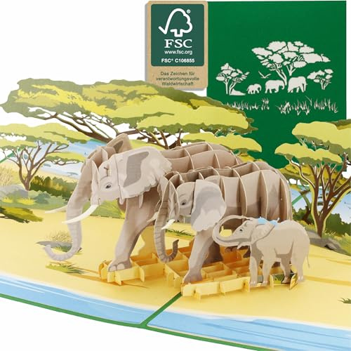 design3dkarten® elefante, safari, zoo, buono di viaggio, vacanza africana, biglietto pieghevole 3D, biglietto pop-up, biglietto di auguri, biglietto di auguri, biglietto regalo
