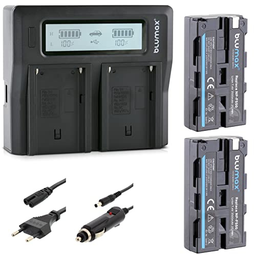 Blumax 2X Akku NP-F550 / NP-F750 3500mAh LG Zellen + LCD Dual Ladegerät | kompatibel mit Sony NP-F570 NP-F530 für Blitzgeräte Videoleuchten Fieldmonitore