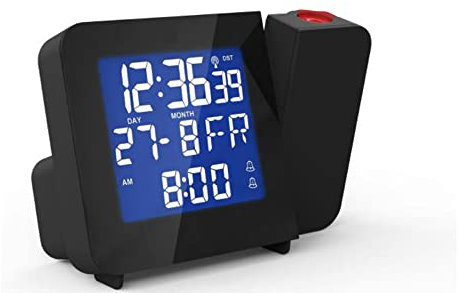 Miraval Funk-Projektionswecker Blaues LCD Display Funkuhr Funkwecker Datumsanzeige Raumtemperatur Batterie Netzbetrieb Digital Reisewecker (Schwarz)