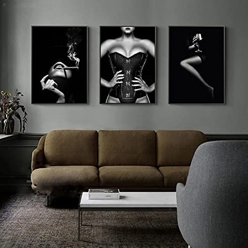 DUDLOO Moderne Nackte Frau Wanddekoration Gemälde Leinwand Wandkunst Poster Mode Frau Wandbild Schwarz Weiß Bilder Wohnkultur 50x70cmx3 rahmenlos