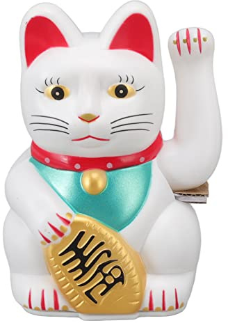 Lucky Fortune Cat, Japanese Waving Arm Feng Shui Figurine, Battery Operated Gold Wealth Health Welcoming Ornament for Home Restaurant Hotel (5in White)