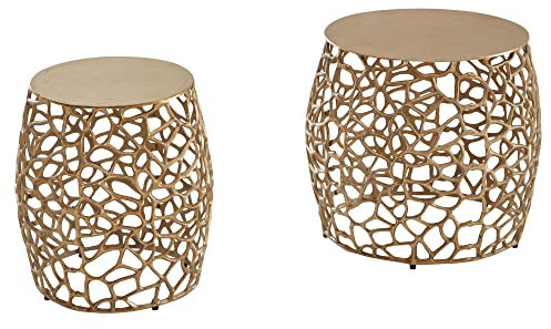KADIMA DESIGN Satztisch Set 2-teilig Gold Aluminium | Design Beistelltisch Metall Rund | AST-Struktur Wohnzimmertisch Couchtisch | Sofatisch Modern