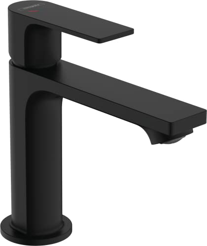 hansgrohe Rebris E - Waschtischarmatur mit Zugstangen-Ablauf, energiesparend (CoolStart), Wasserhahn Bad mit Auslaufhöhe 109 mm, Waschtischmischer wassersparend (EcoSmart+), Mattschwarz, 72589670