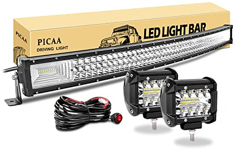 PICAA Gewolbt led Arbeitsscheinwerfer Bar,42 Zoll 104CM 540W 7D Lichtbalken | Drei Reihen, Zusatzscheinwerfer Bar, Mit 2PCS 4 Zoll 8D 60W Arbeitslicht, für SUV Offroad ATV UTV Traktor 4x4 Auto,12V