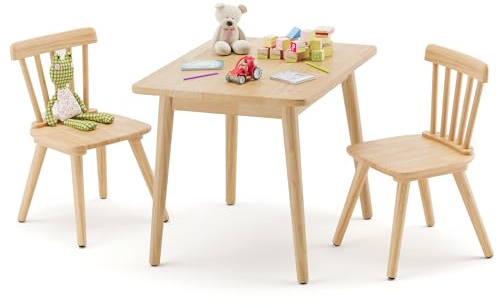 Curipeer Windsor Kids Table and 2 Chair Set, Rubberwood Children Toddler Table and Chair Set with Non-Slip Legs/Round Edge Design for Art, Play, Craft, Activity, Natural Wood