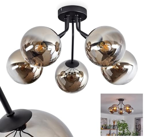 HOFSTEIN Deckenleuchte Gastor, Deckenlampe aus Metall/Glas in Schwarz/Rauchfarben/Klar, moderne Leuchte im Retro/Vintage-Design (Ø Schirme 15 cm), 5 x E14, Schlafzimmer, Wohnzimmer, Küche, Esszimmer