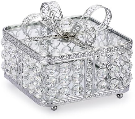TOLIDA Crystal Jewelry Box with Lid - Glass Trinket Box with Bow Lid, Sparky Desktop Storage Box for Earrings Rings Jewelry Bracelets (Silver, Large)