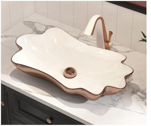 MEJE 62 x 33 x 12 cm, esclusivo lavabo da bagno a forma di foglia di loto, vaso da appoggio in ceramica porcellanata lavandino artificiale, colore oro rosa (incluso scarico pop-up)