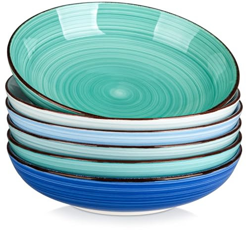vancasso Bonita Juego de 6 Platos Hondos de Cerámica, 1500 ml Cuencos de Sopa, Platos Sopa, Cuencos Grandes para Pasta, Ramen, Ensalada, pto para Lavavajillas, Microondas y Horno, Vajilla Azul Colores