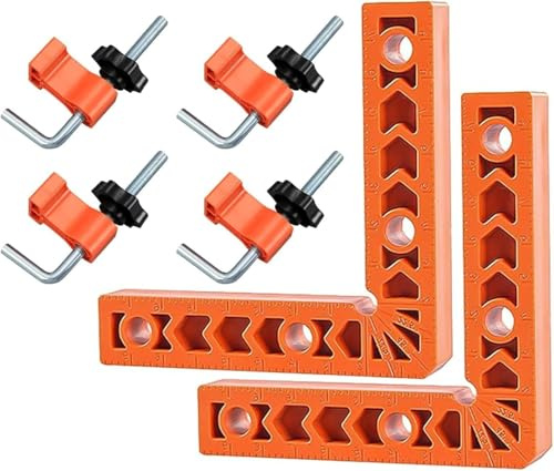 GIONAR 2 Stück 90 Grad Winkelspanner Set, Positionierwinkel Kunststoff 100x100mm, Positionierwinkel mit 4 Klemmen, Eckspanner, Edelstahl Mehrzweck Eckverbinder, für Holz, Bilderrahmen, Regalschränke