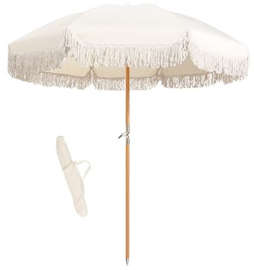 ELZEM Boho-Strandschirm mit Fransen, neigbar, weißer Regenschirm, LSF 50+, Terrassenschirm, wasserdicht, Marktschirm, Tragetasche, tragbarer Poolschirm, 8 Rippen, für Urlaub im Freien, 180 cm,