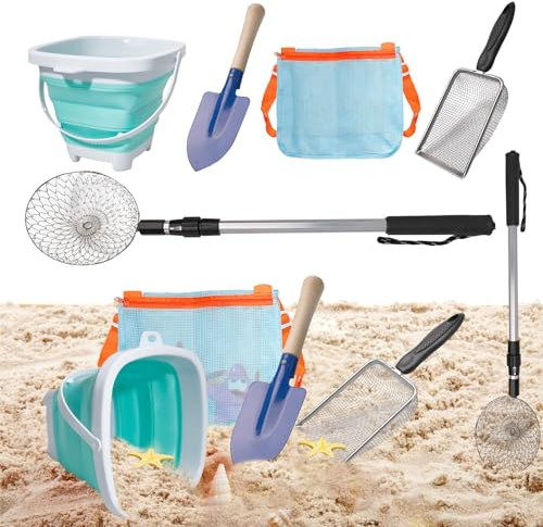 Olutacot 10 Pack Beach Toys Set Adjustable Extra Long Sand Sifter Mesh Shovel Mesh Beach Bag for Kids Foldable Beach Bucket Beach Shovel Sand Toys for Shells Collecting Shark Tooth Beach Toys