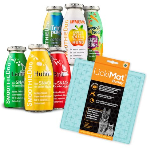 Hunde Smoothie SmoothieDog 6er Mix + Lickimat Buddy M Pastellmint - je 1x: Huhn, Rind, Lamm, Ente, Immunio, Veggie - Flüssiges Hundeleckerli - Zucker- & glutenfrei - Schleckmatte - je 250ml