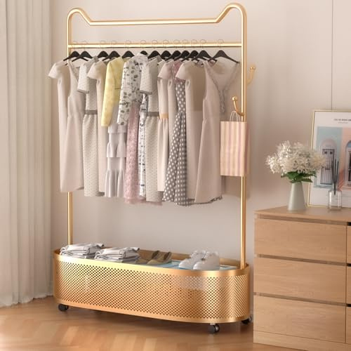 ihomemore Appendiabiti con Ruote in Metallo Dorato – Stand con Design a Orecchie di Gatto, Ripiano Inferiore per Scarpe, Stile Moderno per Camera da Letto dorato