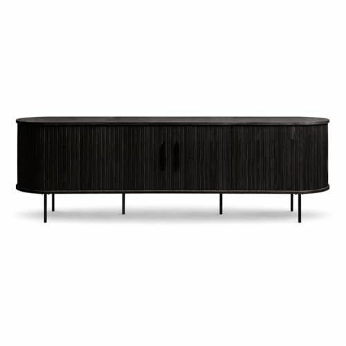 Liadomo Lowboard 180 cm, Uriel, TV-Schrank, Schwarz | TV-Board, TV-Möbel, Kommode, Eiche Furnier, Lamellen-Optik, Stauraum, Schiebetüren, 2 Einlegeböden, hohe Metallbeine