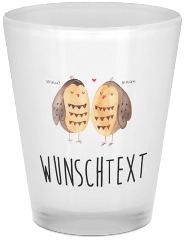 Mr. & Mrs. Panda Personalisiertes Schnapsglas Eulen Liebe - Personalisierte Geschenke, Owl, mit Namen, Hochzeit Spruch, Eule, Pärchen, Schnapsgläser Personalisiert, Personalisieren, Name