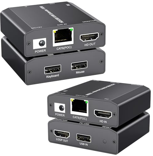 YOUTINGHDAV HDMI USB KVM Extender, Lossless Latency HDMI KVM Extender over IP Ethernet up to 150M via CAT6 / CAT5e,Plug and Play,Support 1080P@60Hz, Loop Out, POE, Mouse and Keyboard Remote Control PC