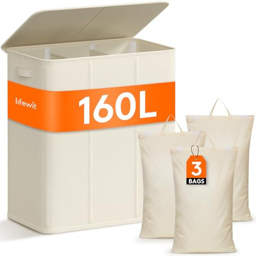 Lifewit 160L Wäschekorb 3 Fächer, Wäschesammler mit Deckel, Wäschekorb Wäschekörbe Groß 3 Abnehmbarem Wäschesack, Laundry Baskets mit Griffen, Waschenkorbe Wäschetonne Wäschesortierer, Weiß