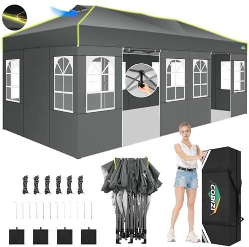 COBIZI Gazebo 3x6 con Blocco Centrale a Un Solo Pulsante, Pieghevole Impermeabile, 6 Pannelli Laterali, Tendone da Esterno, 3 Altezza Regolabile, Protezione UV, Strisce Fluorescenti e Ventilazione