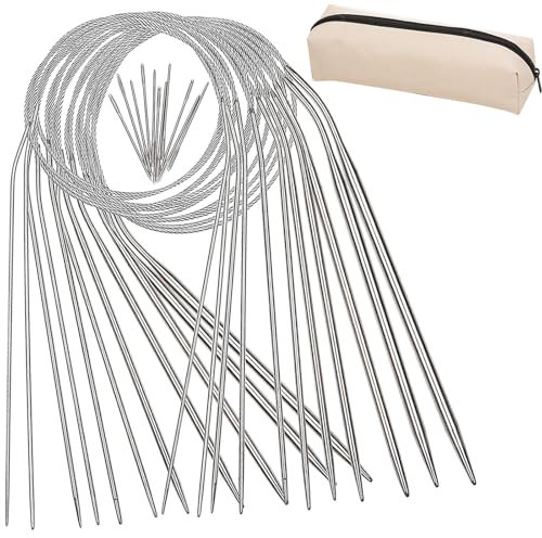 Barlone Stricknadeln Rundstricknadel 43cm, 11 Stück Edelstahl Rundstricknadeln Set mit Nadellehre und Tragetasche, 1,5-5mm Leichte Rundstricknadel für Arthritis, Anfänger, die Herstellung von Schals