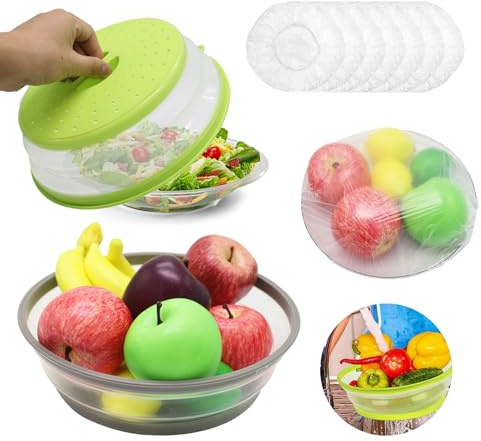 2 pezzi copertura per forno a microonde, con fori per il vapore, pieghevole per microonde, 26,5 cm, coperchio per microonde con 25 pellicole trasparenti con elastico, per frutta e verdura