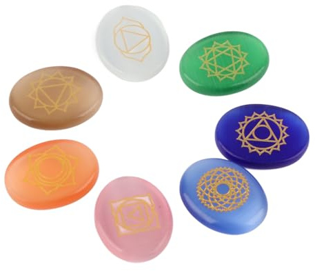7 Piedras Preciosas de Cristales Curativos de Reiki con Bolsa de Franela Grabadas para Curación Espiritual, Meditación, Piedras de Palma, Cristal de Chakras Reiki