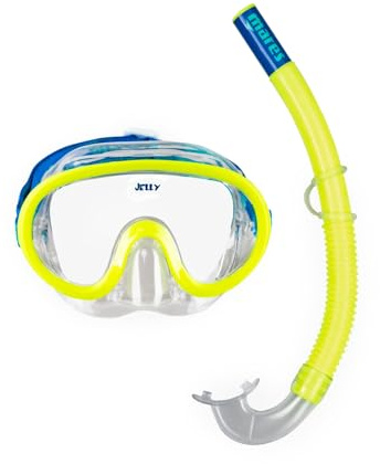 Mares Kids' Combo Jelly Snorkeling Gear Set, Soft Adjustable Silicone Mask & Ergonomic Flexible Snorkel for Ages 4-7, Lime Blue/Clear