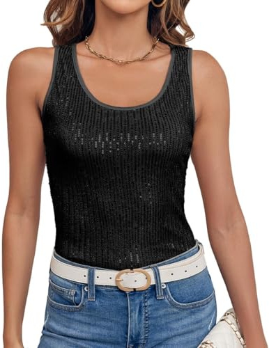Imily Bela Top Damen Sommer Pailletten Tanktop Slim Fit U-Ausschnitt Ärmellos Elegant Oberteile Sexy Party Bluse Cocktail Club Outfits(Schwarz,L)