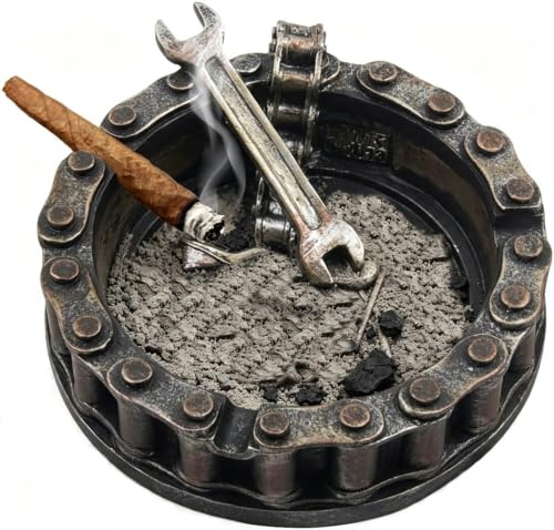 Neletao Vintage Motorcycle Chain Ashtray with Wrench & Bike Motif - Perfect for Biker Bars, Shops, or Smoking Rooms - Unique Gift for Men, Mechanics, or Smokers (A)