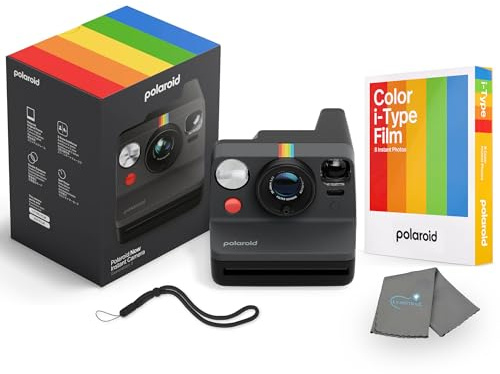 Polaroid Ahora cámara instantánea i-Type de tercera generación + paquete de 8 películas de color i-Type, negro, paquete de cámara Polaroid con un paño de limpieza de lentes Lumintrail