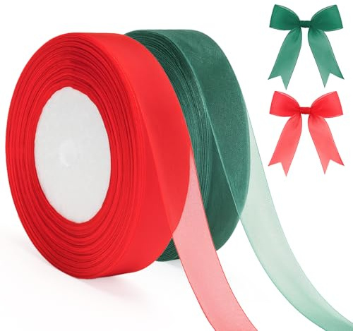 G2PLUS 2 Rotoli Nastri Natalizi:2cm Nastro Rosso e Verde di 50 Yards in Chiffon,Per Decorazioni Regalo,Natale,Matrimonio e Battesimo