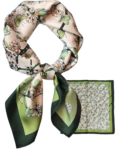 LEBOOBELL 70cm Pañuelo para la Cabeza para Mujer Bufandas de Seda Cuadrada Suave Bandana Pañuelo para el Cuello,Flores Verdes