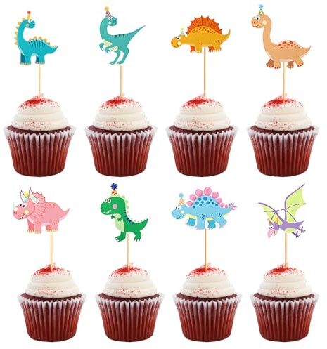 Dino Kuchen Deko, 40 Stück Niedliche Dinosaurier Cake Topper, Dino Geburtstag Deko für Kindergeburtstag, Baby Shower, Partydekoration, 8 Verschiedene Designs für Torten und Muffins