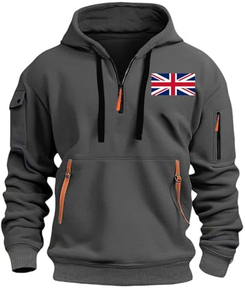 Men's Fleece-Lined UK England Flag Zipper Hooded Hoodie Hood Sweatshirts Sweater - Thick Winter Pullover with Pocket & Drawstring, Printed Casual Loose Fit (M-XXXL) Dark Gray