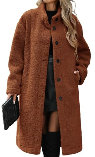 VXVGER Women’s Winter Fuzzy Fleece Coat Warm Long Cardigan Open Front Jacket Button Faux Fur Fluffy Overcoat(Dark Camel,M)